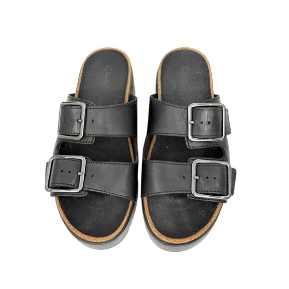 Clarks Botanic Black Leather Strap Sandals Shoes Women's Slide size 8 M - Picture 3 of 11